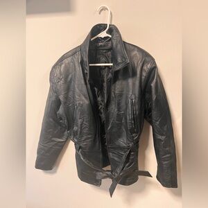Authentic Black Leather Jacket with Belt | Size Medium